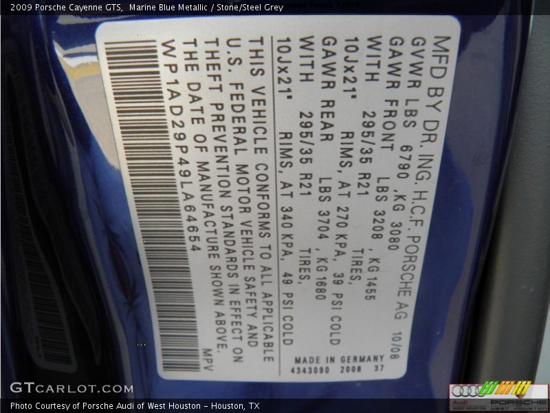 Marine Blue Metallic / Stone/Steel Grey 2009 Porsche Cayenne GTS
