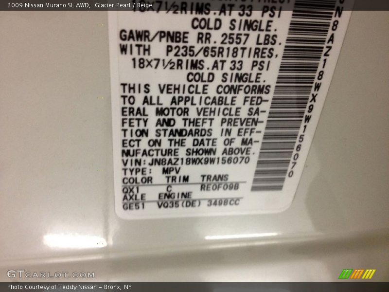 Glacier Pearl / Beige 2009 Nissan Murano SL AWD