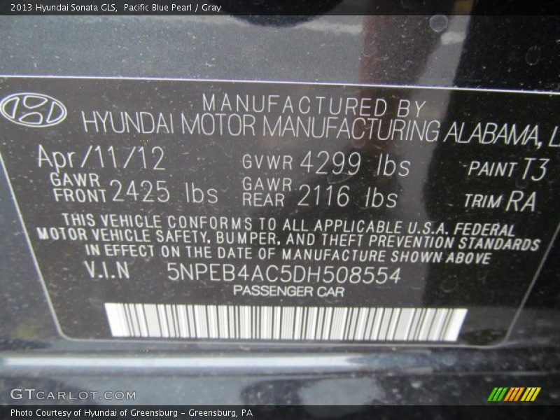 Pacific Blue Pearl / Gray 2013 Hyundai Sonata GLS