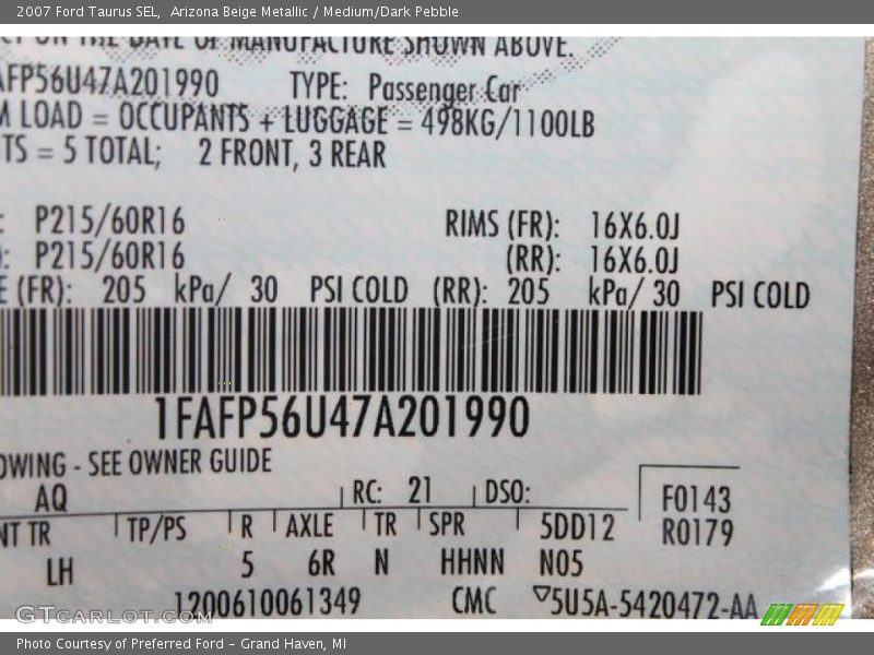 2007 Taurus SEL Arizona Beige Metallic Color Code AQ