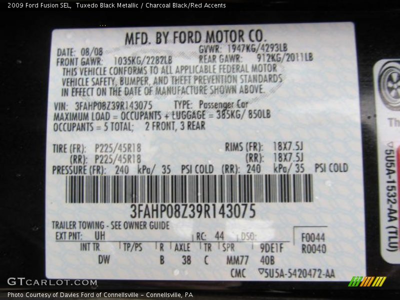 Tuxedo Black Metallic / Charcoal Black/Red Accents 2009 Ford Fusion SEL