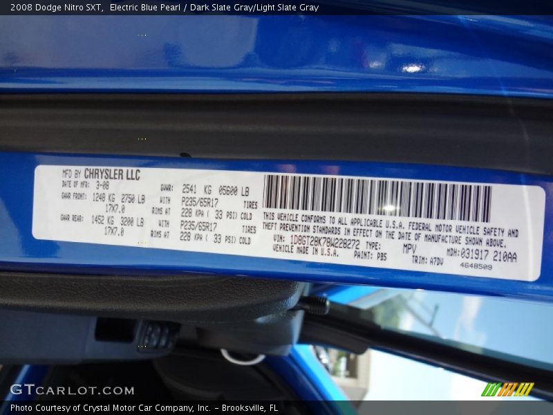 Electric Blue Pearl / Dark Slate Gray/Light Slate Gray 2008 Dodge Nitro SXT