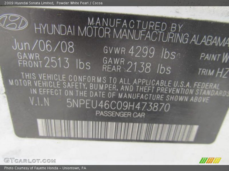 Powder White Pearl / Cocoa 2009 Hyundai Sonata Limited