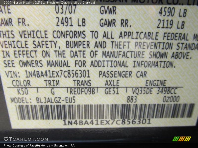 Precision Gray Metallic / Charcoal 2007 Nissan Maxima 3.5 SL