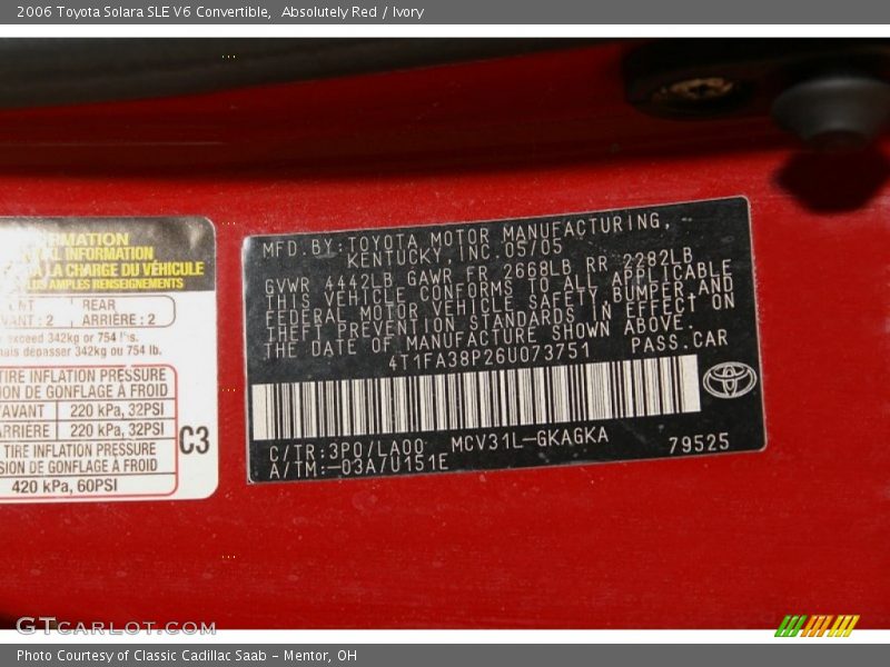 2006 Solara SLE V6 Convertible Absolutely Red Color Code 3P0