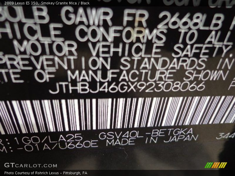Smokey Granite Mica / Black 2009 Lexus ES 350