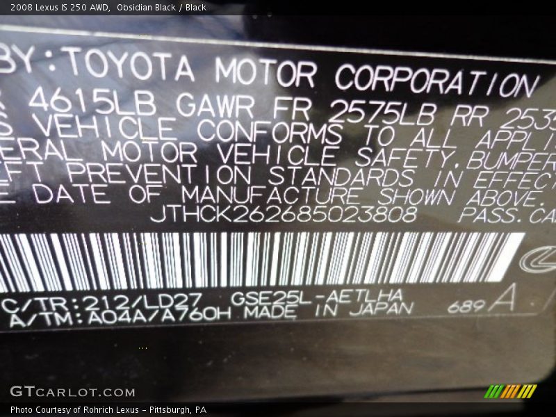 Obsidian Black / Black 2008 Lexus IS 250 AWD