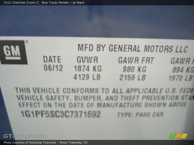 Blue Topaz Metallic / Jet Black 2012 Chevrolet Cruze LT