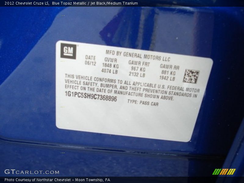 Blue Topaz Metallic / Jet Black/Medium Titanium 2012 Chevrolet Cruze LS