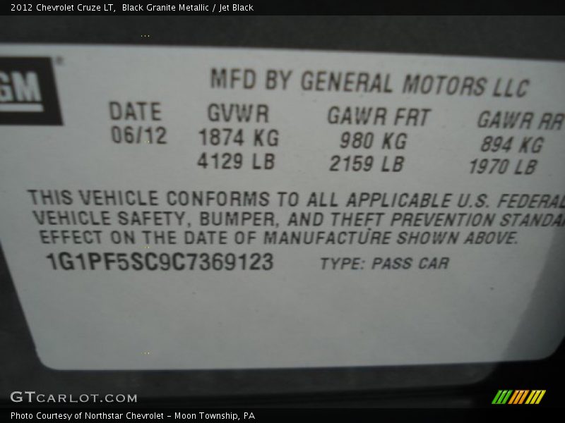 Black Granite Metallic / Jet Black 2012 Chevrolet Cruze LT