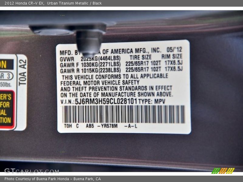 2012 CR-V EX Urban Titanium Metallic Color Code YR578M