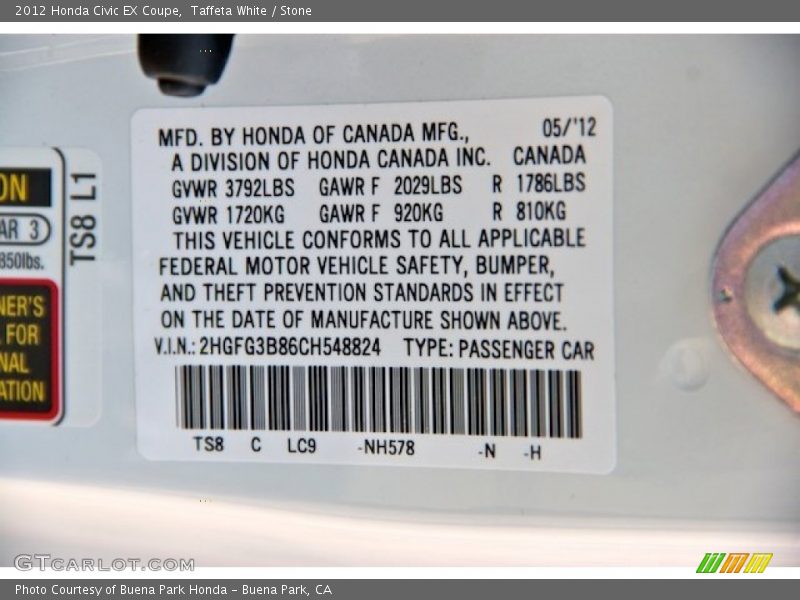 Taffeta White / Stone 2012 Honda Civic EX Coupe
