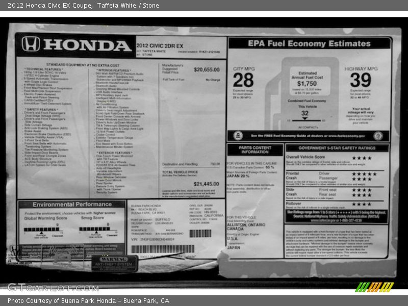 Taffeta White / Stone 2012 Honda Civic EX Coupe