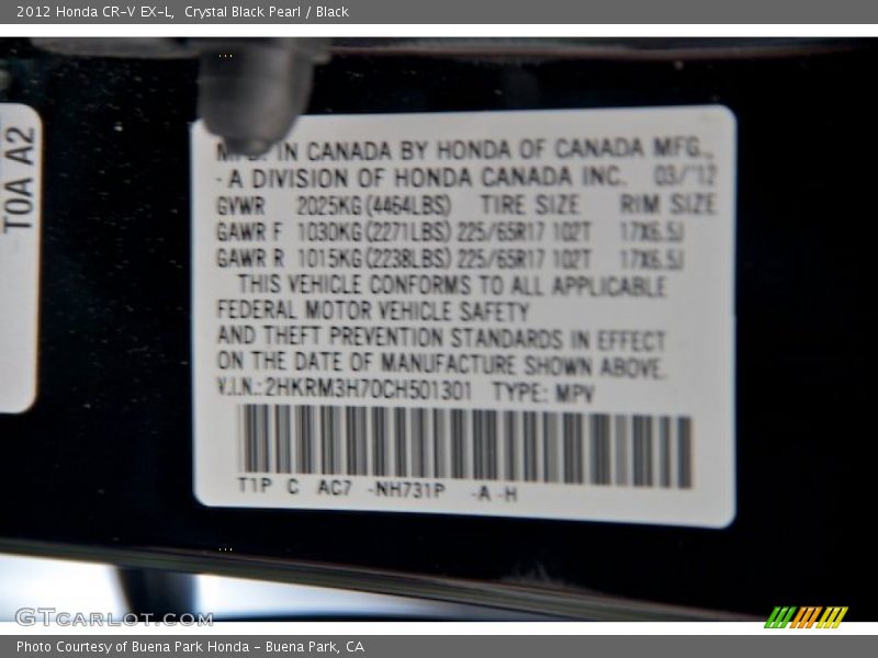 2012 CR-V EX-L Crystal Black Pearl Color Code NH731P