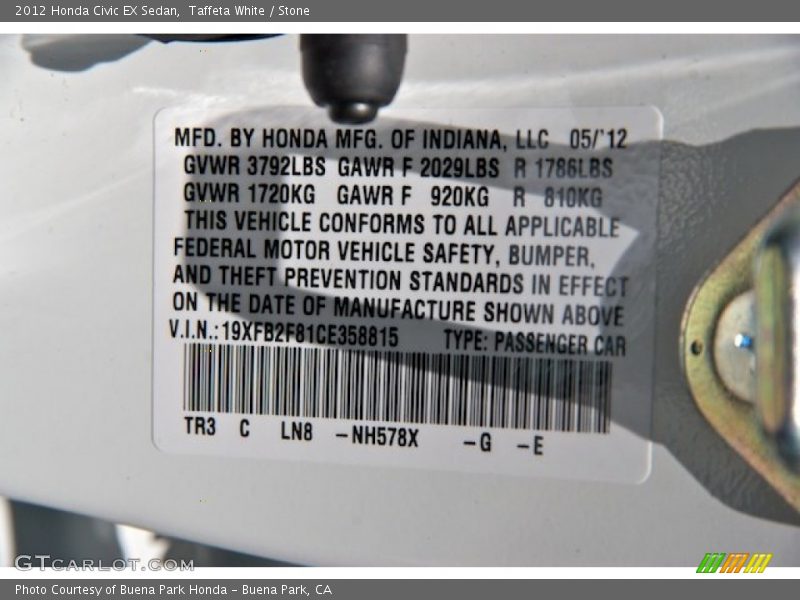 Taffeta White / Stone 2012 Honda Civic EX Sedan