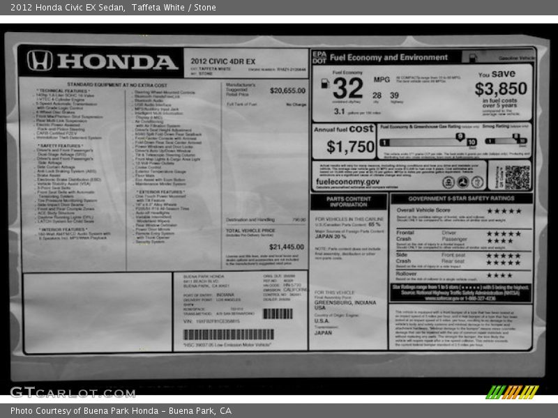 Taffeta White / Stone 2012 Honda Civic EX Sedan