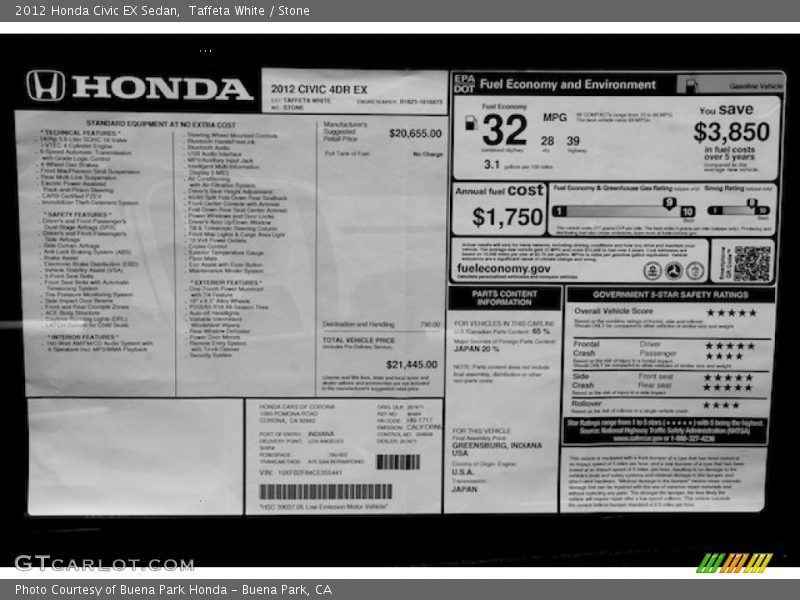 Taffeta White / Stone 2012 Honda Civic EX Sedan
