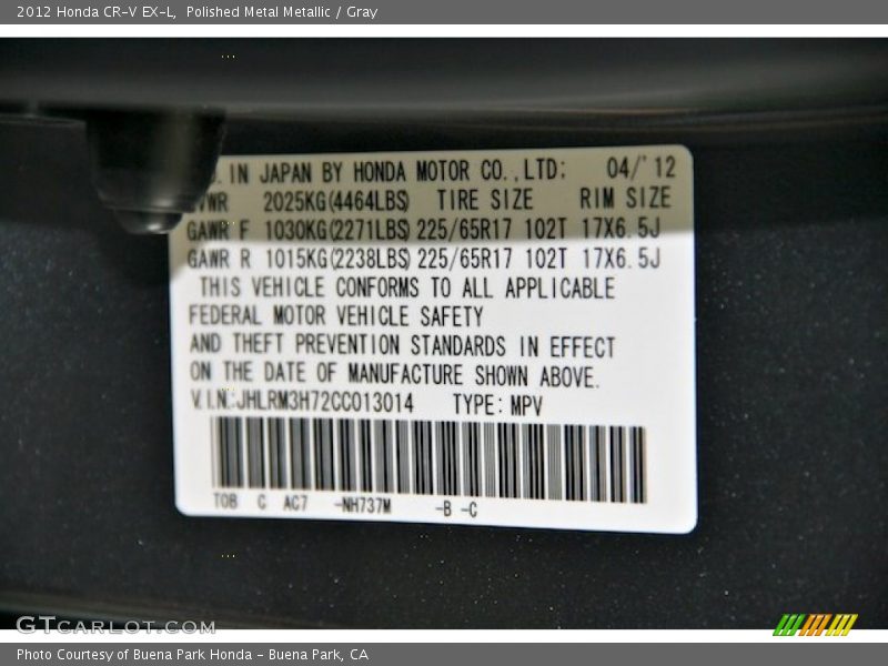 2012 CR-V EX-L Polished Metal Metallic Color Code NH737M