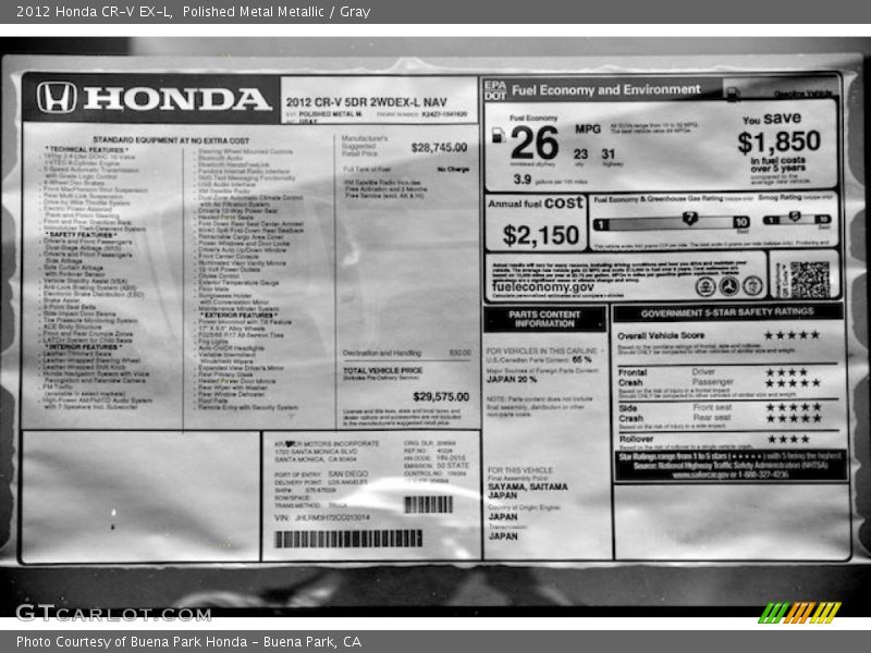  2012 CR-V EX-L Window Sticker