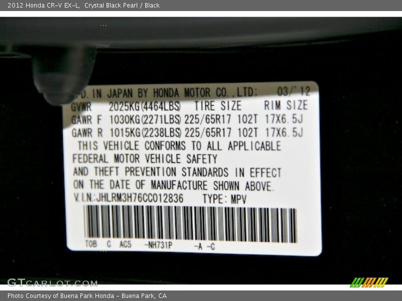 Crystal Black Pearl / Black 2012 Honda CR-V EX-L