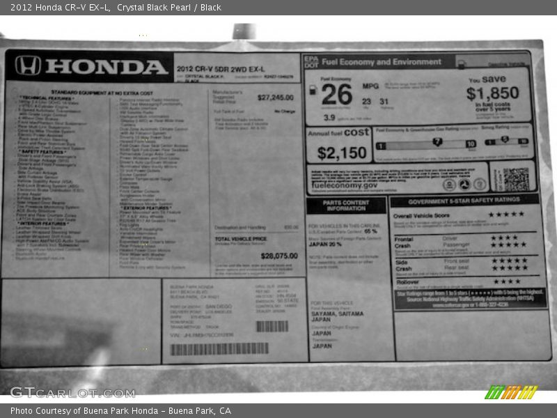 Crystal Black Pearl / Black 2012 Honda CR-V EX-L