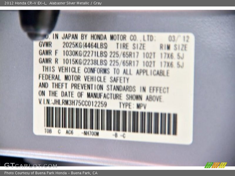 Alabaster Silver Metallic / Gray 2012 Honda CR-V EX-L
