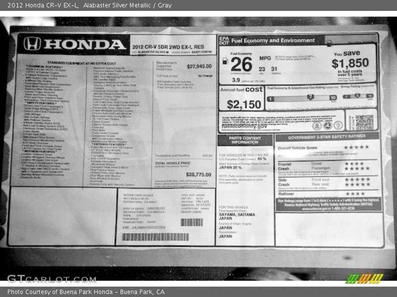 Alabaster Silver Metallic / Gray 2012 Honda CR-V EX-L