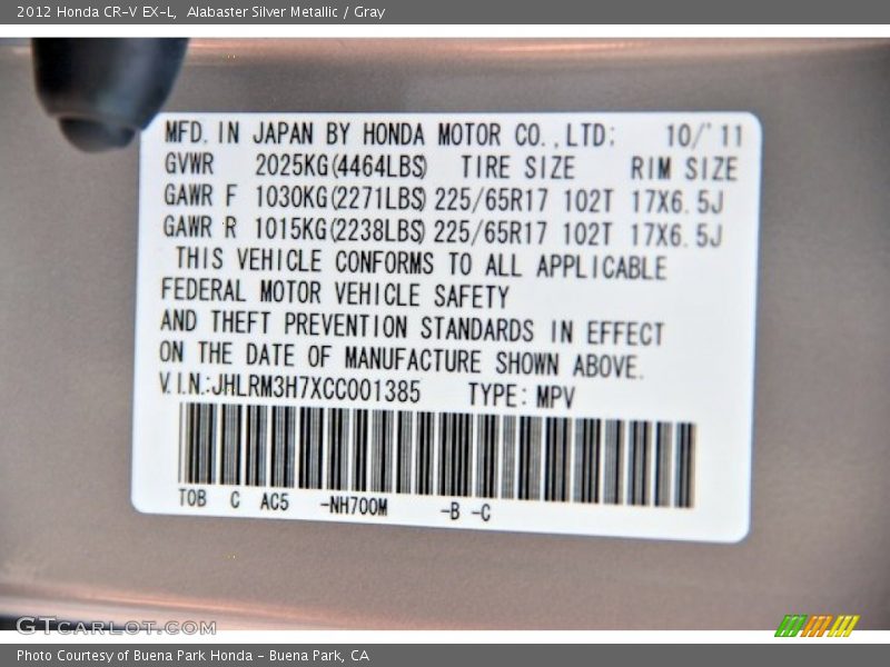 Alabaster Silver Metallic / Gray 2012 Honda CR-V EX-L
