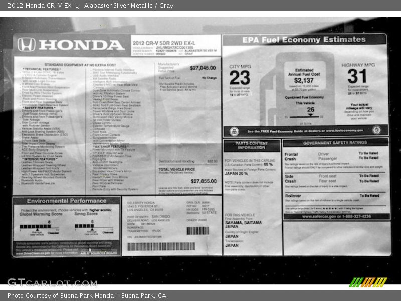 Alabaster Silver Metallic / Gray 2012 Honda CR-V EX-L