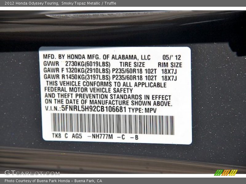 2012 Odyssey Touring Smoky Topaz Metallic Color Code NH777M