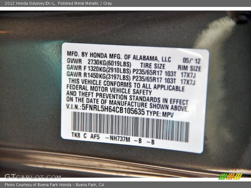 Polished Metal Metallic / Gray 2012 Honda Odyssey EX-L