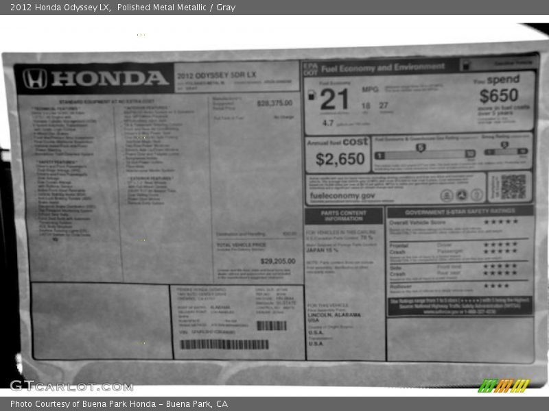 Polished Metal Metallic / Gray 2012 Honda Odyssey LX