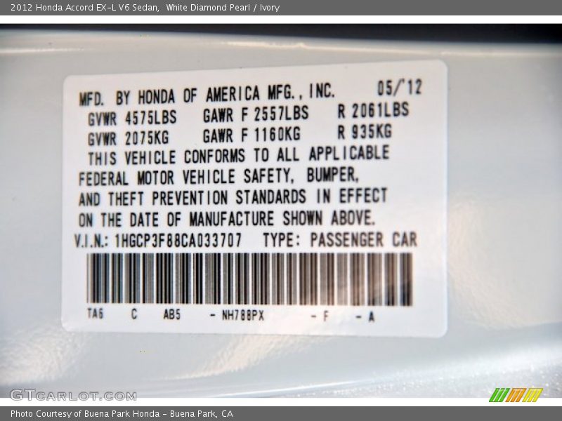 White Diamond Pearl / Ivory 2012 Honda Accord EX-L V6 Sedan