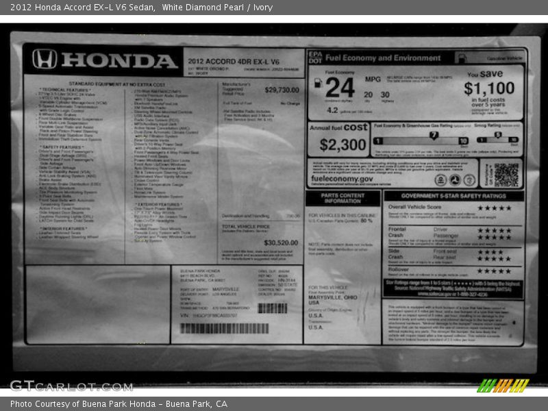 White Diamond Pearl / Ivory 2012 Honda Accord EX-L V6 Sedan