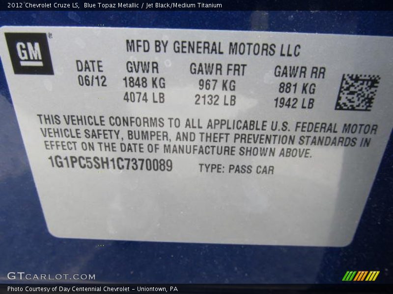 Blue Topaz Metallic / Jet Black/Medium Titanium 2012 Chevrolet Cruze LS