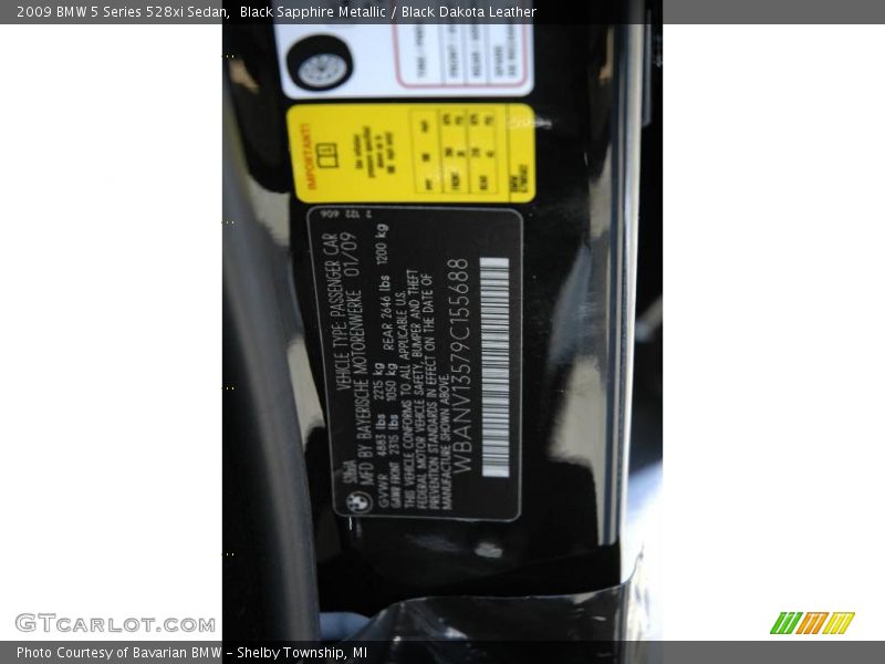 Black Sapphire Metallic / Black Dakota Leather 2009 BMW 5 Series 528xi Sedan