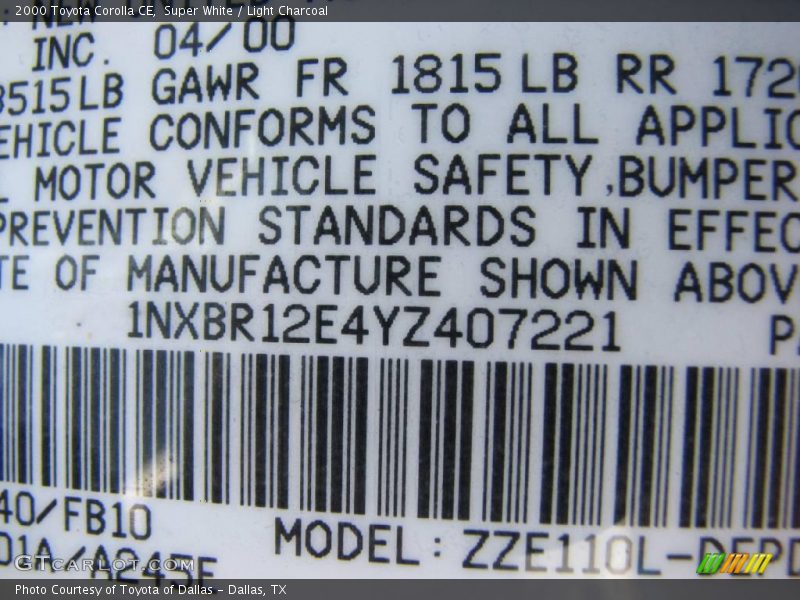 Super White / Light Charcoal 2000 Toyota Corolla CE