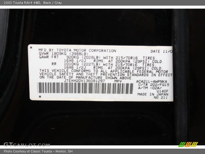 Black / Gray 2003 Toyota RAV4 4WD