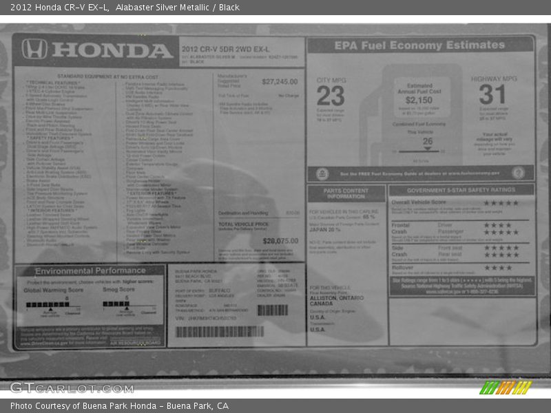 Alabaster Silver Metallic / Black 2012 Honda CR-V EX-L