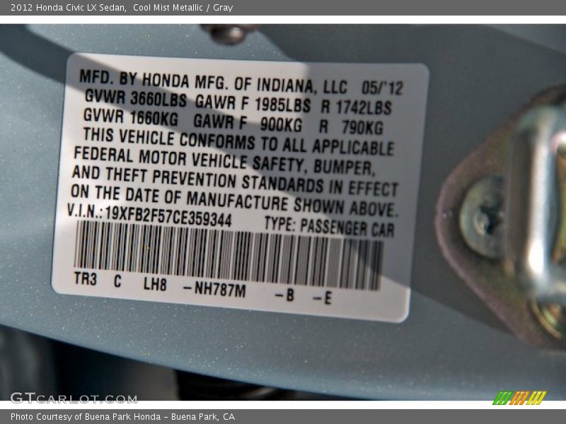 Cool Mist Metallic / Gray 2012 Honda Civic LX Sedan