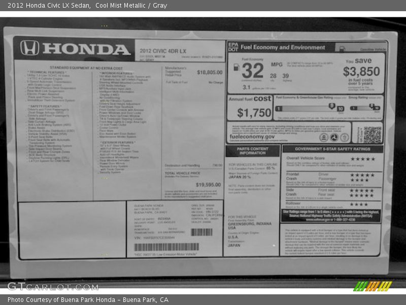 Cool Mist Metallic / Gray 2012 Honda Civic LX Sedan