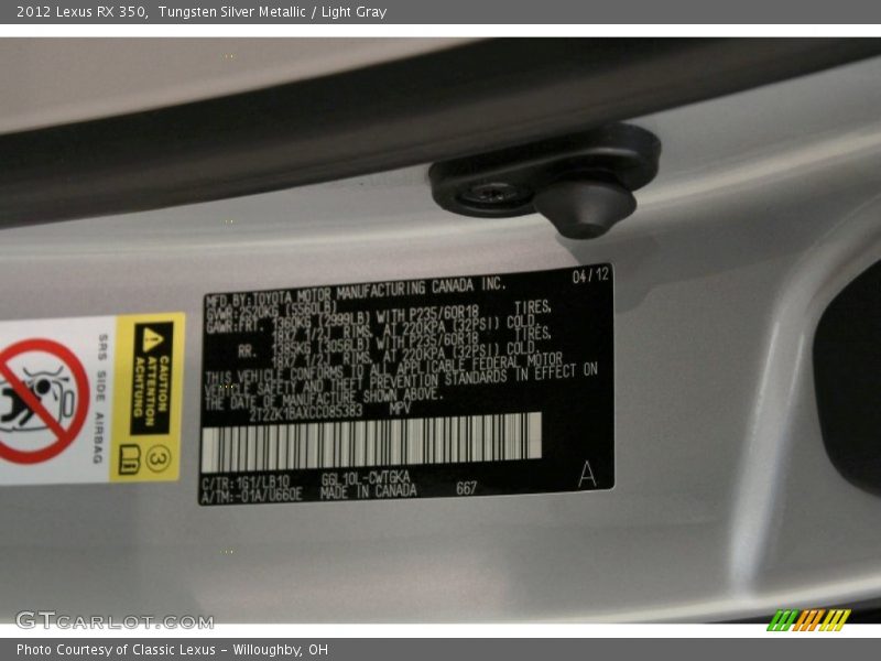 2012 RX 350 Tungsten Silver Metallic Color Code 1G1