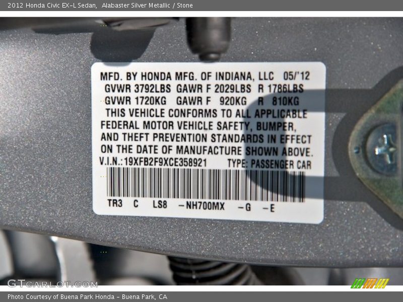 Alabaster Silver Metallic / Stone 2012 Honda Civic EX-L Sedan