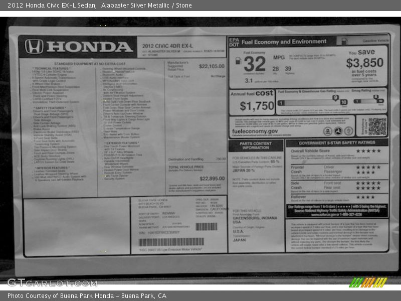 Alabaster Silver Metallic / Stone 2012 Honda Civic EX-L Sedan