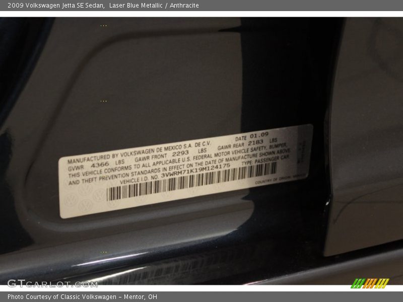 Laser Blue Metallic / Anthracite 2009 Volkswagen Jetta SE Sedan