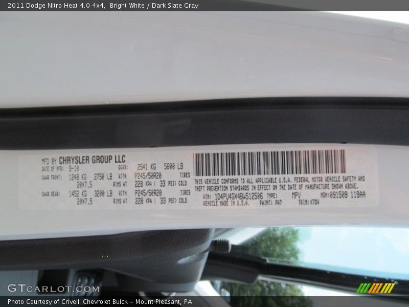 Bright White / Dark Slate Gray 2011 Dodge Nitro Heat 4.0 4x4