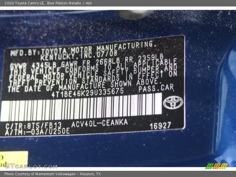 Blue Ribbon Metallic / Ash 2009 Toyota Camry LE