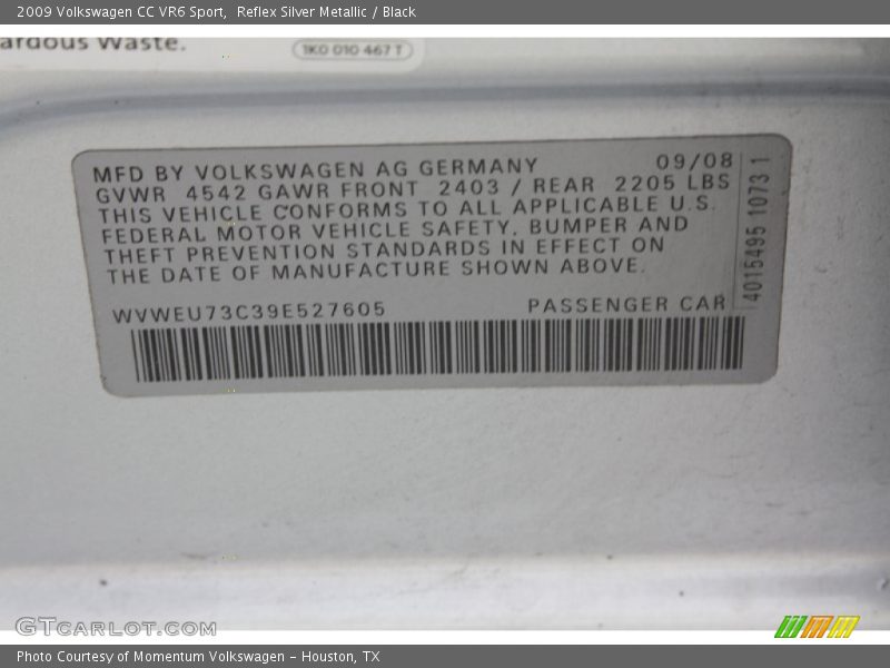 Reflex Silver Metallic / Black 2009 Volkswagen CC VR6 Sport