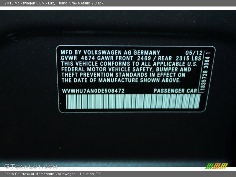 Island Gray Metallic / Black 2013 Volkswagen CC V6 Lux