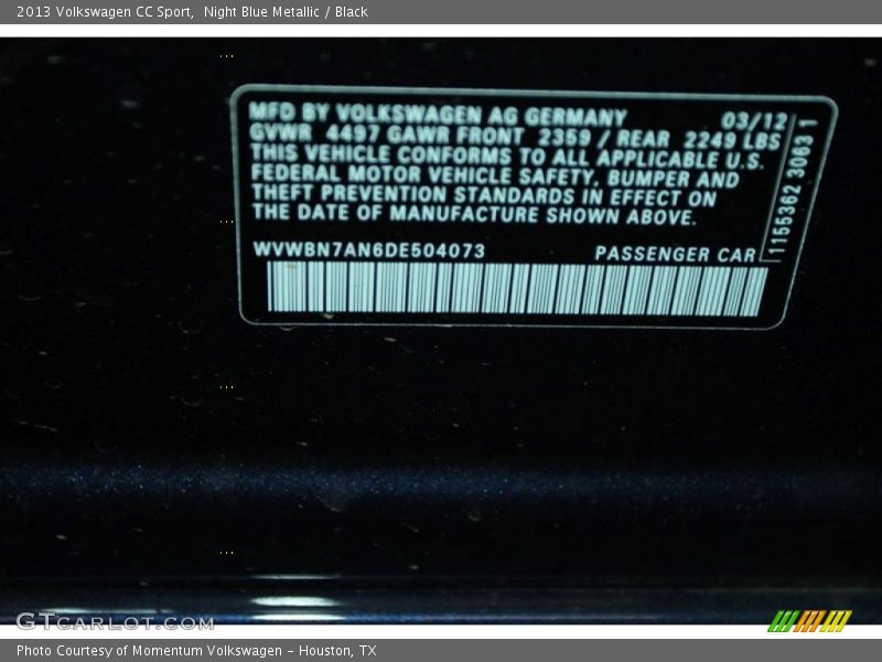 Night Blue Metallic / Black 2013 Volkswagen CC Sport